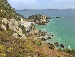 Plage de l’Île Vierge : Plage de l’Île Vierge, Crozon, Finistère, Pins, Falaises, mer turquoise