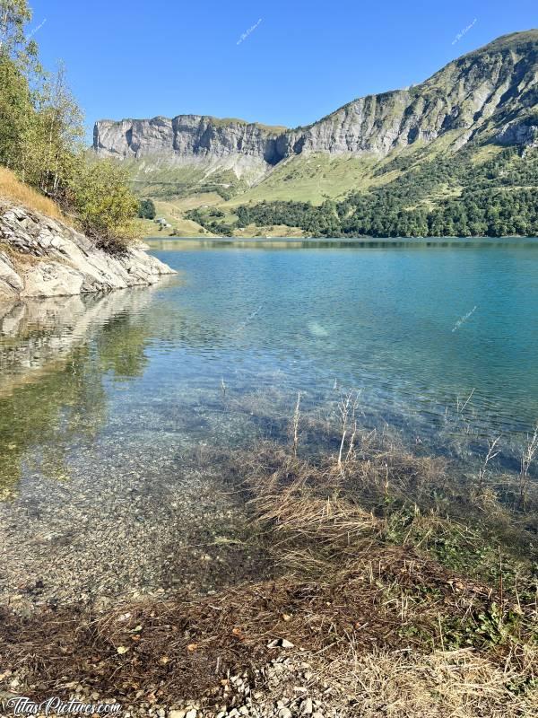 Photo Lac de Roselend : En me baladant autour du Lac de Roselend, quelque chose a attiré mon attention… On ne le voit pas bien sur la photo, mais au premier plan dans les herbes marrons, il y avait des milliers d’alevins. Ils faisaient frémir l’eau tellement ils étaient nombreux 😅😍c, Tita’s Pictures, Lac de Roselend, Beaufortin, Savoie