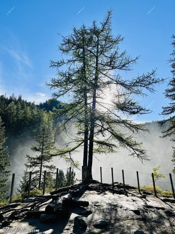 Photo Torrente Ruthor : La 1ère cascade de la randonnée, se trouve derrière cette barrière et forme de la bruine, qui est mise en valeur par le soleil. Je suis arrivée au bon moment pour admirer cette ambiance magique 😍🥰c, Tita’s Pictures, Les Alpes, La Thuile, Cascade du Rutor, Randonnée, Torrente Ruthor, Sentiero Cascate del Rutor