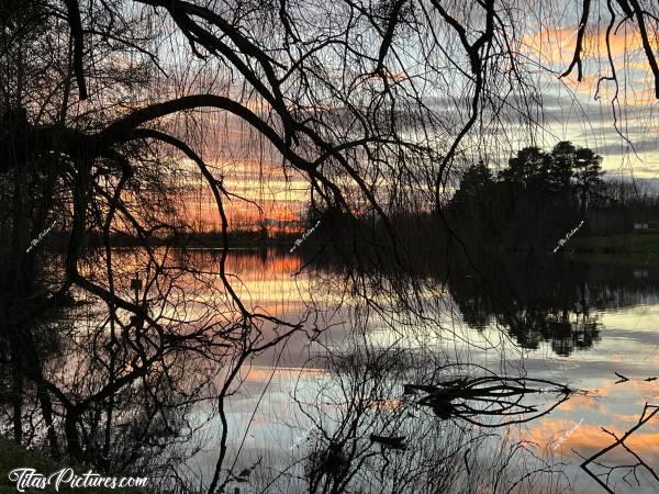 Photo Lac de l’Espérance : Magnifique coucher du soleil flamboyant, sur le Lac de l’Espérance, à Pouzauges. J’aime beaucoup ce point de vue sous le saule pleureur 😍🥰c, Tita’s Pictures, Lac de l’Espérance, Pouzauges, Lac